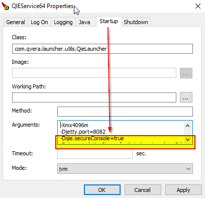QIE Service Manager Startup tab with -Dqie.secureConsole=true highlighted in the Arguments field